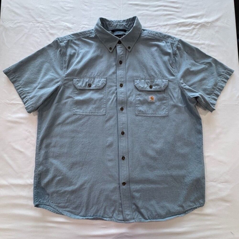 Carhartt Shirt Mens XL Blue Chambray Short Sleeve Button Workwear Relaxed Fit